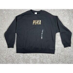 Puma ESS Shine Crew Sweatshirt XL Black Gold Logo Fleece NWT